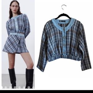 Zara combination textured tweed denim crop top